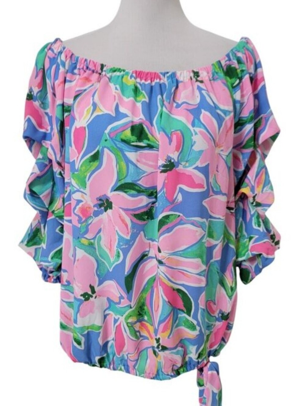 CeCe Off-Shoulder Floral Blouse in Pink and Blue